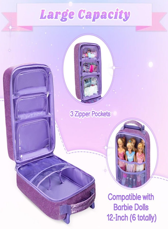 LoDrid Travel Backpack Compatible with Barbie Dolls 12-inch, Doll Carrying Case with Wheels, Suitcase Storage Organizer with Multiple Pockets for Doll Clothes and Accessories, Purple, Bag Only - Image 4